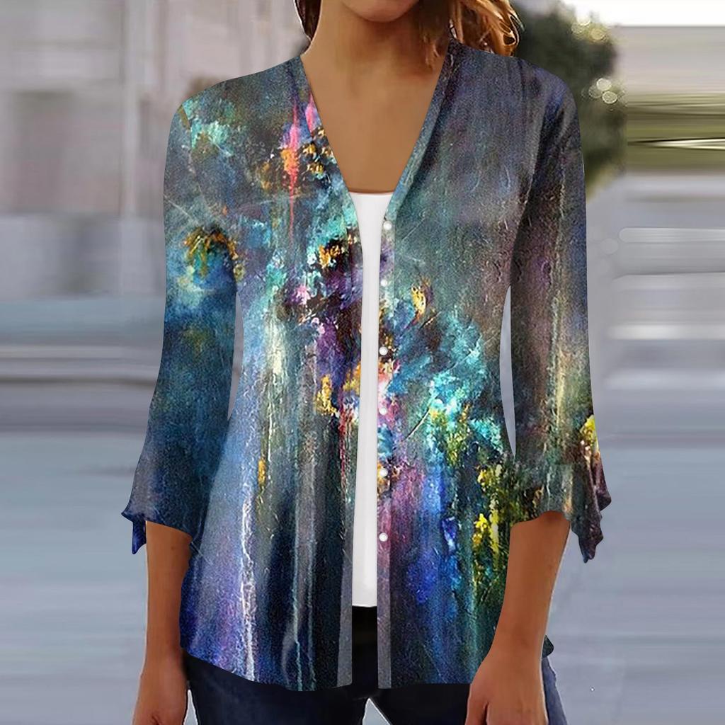 Women's Fashion Loose Casual Printed Seven-Part Sleeve Button Down Blouse Cardigan Top