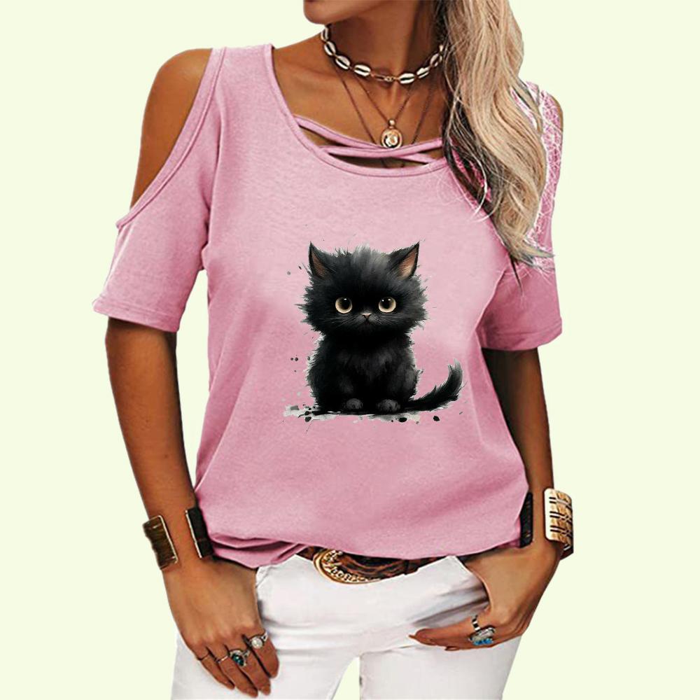 Женская модная футболка с коротким рукавом, топ с открытыми плечами, женская повседневная летняя футболка с круглым воротником и принтом кота