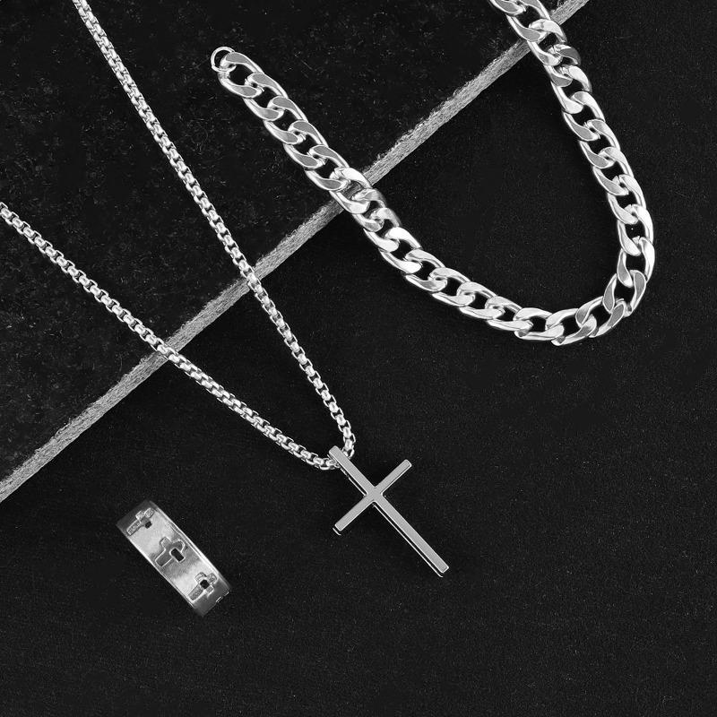 Cross Jewelry Chain Ring Bracelet Necklace 3 Sets