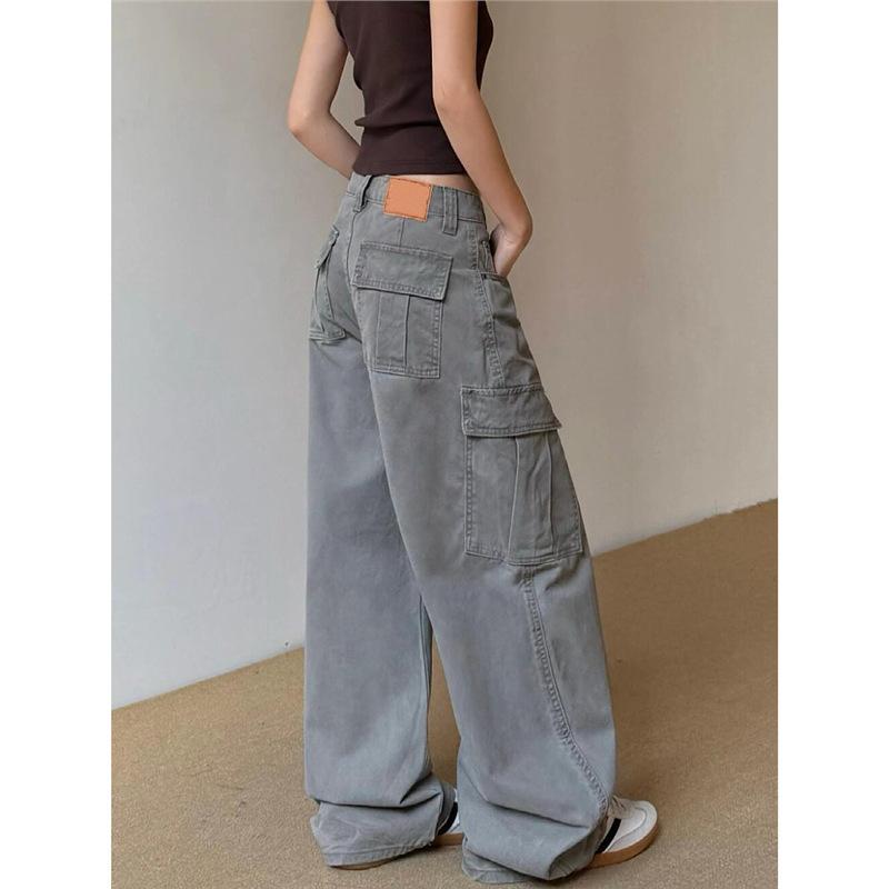 Plus size American vintage multi-pocket straight-leg workwear jeans for men and women, high street loose pleated casual wide-leg pants