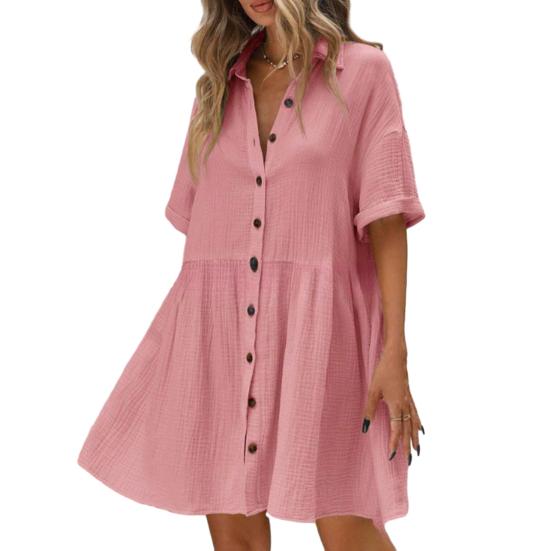 Женское платье-рубашка с коротким рукавом, лацканами, V-образным вырезом, на пуговицах, расклешенное