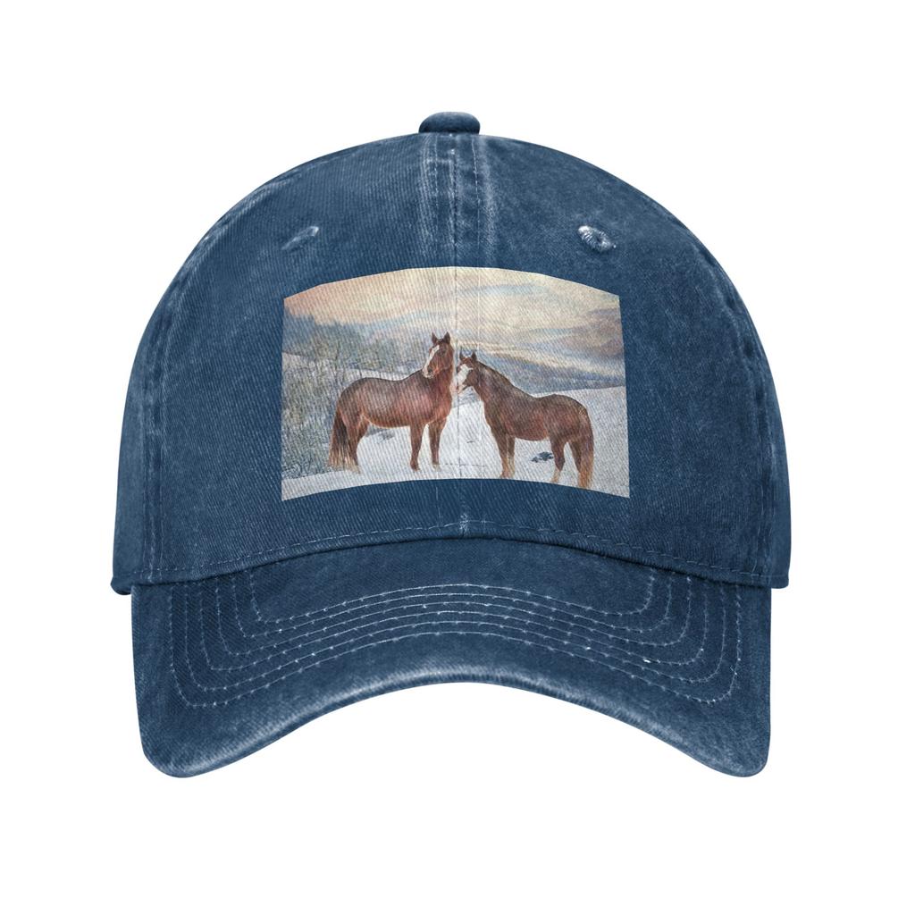 Horses with Snow and Sunset Hills Washed Denim Cap Casual Baseball Caps Adjustable Hat Summer Unisex Baseball Hats