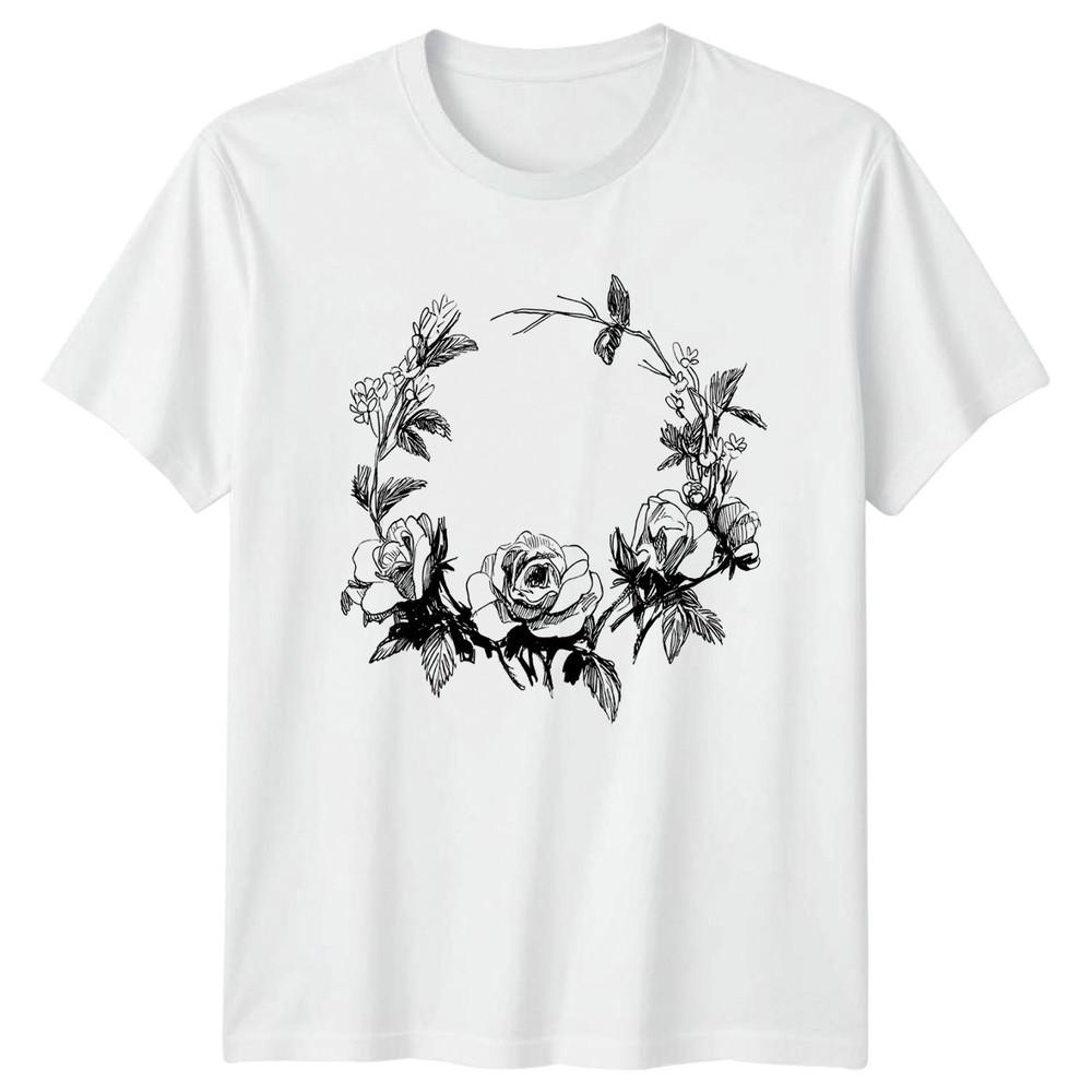 Floral Rose Wreath Black Sketch Unisexs TShirt Botanical Illustration Floral