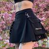 Women High Waist Gothic Punk Stree Style Belt Irregular Pleated A-line Skirt