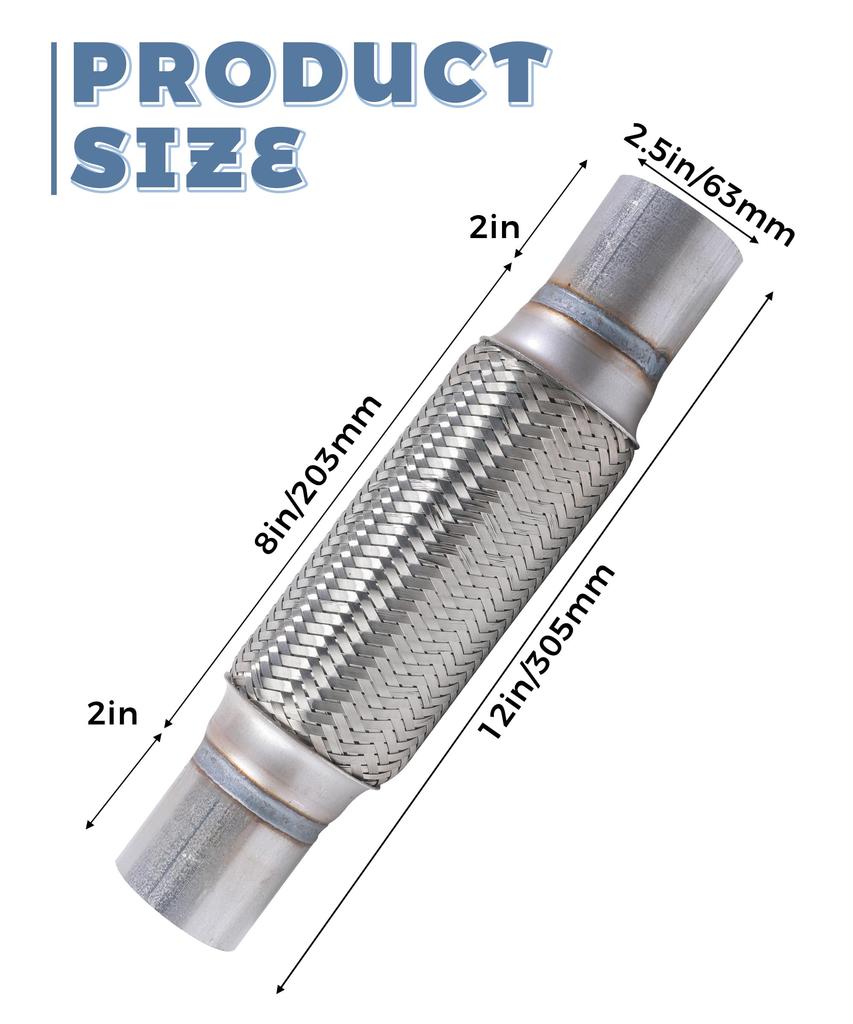 Exhaust Flex Pipe 2.5 x 8 Inch Heavy Duty Stainless Steel Muffler Tube Reduces Vibration Noise Universal Fit for Cars Trucks SUVs