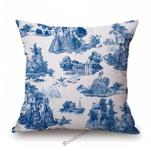 Navy Blue Delft Blue Toile De Jouy Pattern Design Royal Elegant Home Decorative Sofa Throw Pillowcase Cotton Linen Cushion Cover