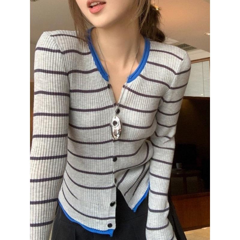 Women's Slim Fit Korean V-Neck Striped Knit Cardigan – Early Autumn Retro Style Sweater