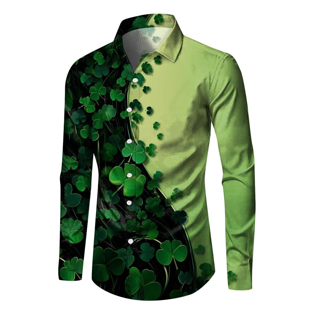 European and American new 1116 fashion trend casual versatile four-leaf clover printed men's long-sleeved shirt