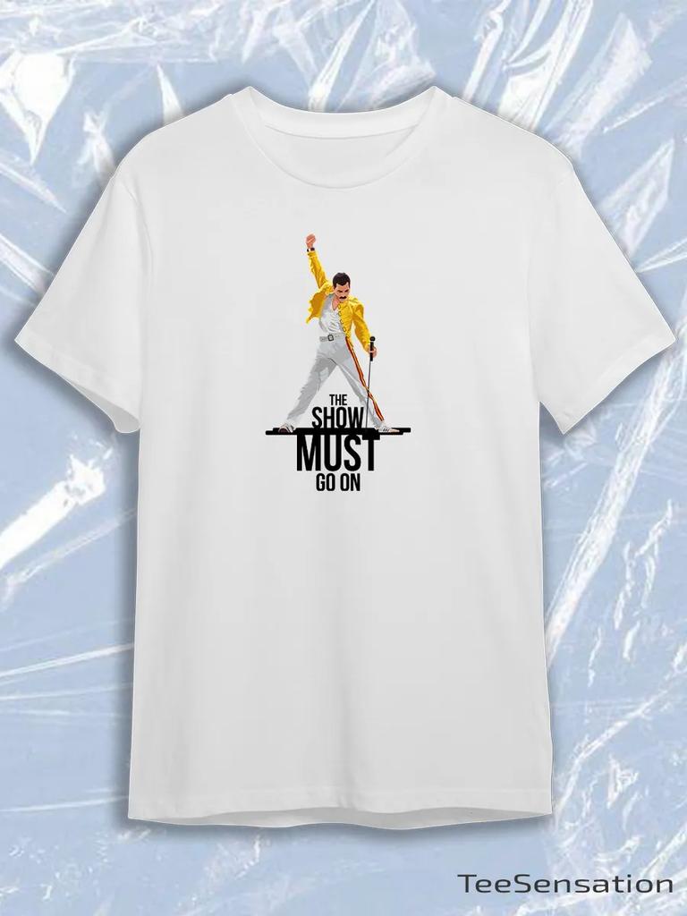 TeeSensation White Crew Neck Short Sleeve T-Shirt with Freddie Mercury Yellow Jacket The Show Must Go On Print