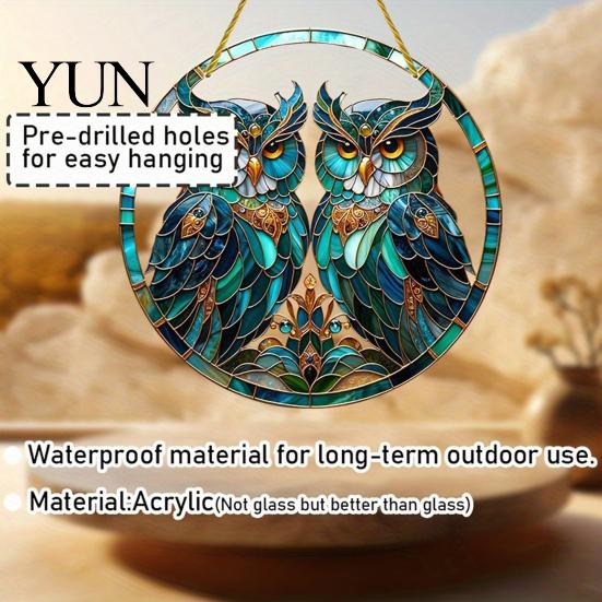 Home Window Decor Double Owl Suncatcher Hanging Ornament, Stained Glass Style Circular Wall Elegant Bird Decor, Green Art for Porch Garden Decoration