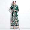 Spring Autumn Women Stand Collar Vintage Palace Print Single Breasted Long Maxi Party Dresses with Belt