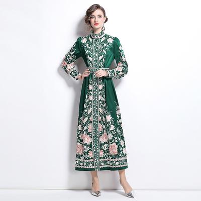 Весна Осень Женские Стоячий Воротник Винтаж Дворцовый Принт Однобортный Длинные Макси Платья Для Вечеринок С Поясом