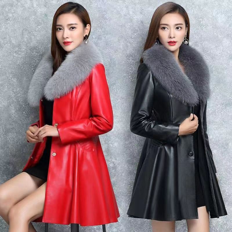 Autumn And Winter Women Medium Long Leather Windbreaker Coat Black Red Faux Leather Clothes
