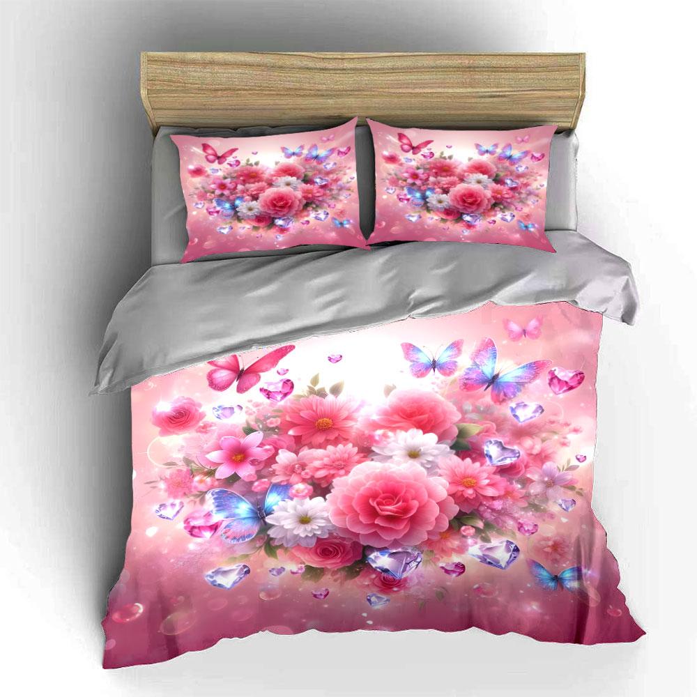 "Floral Butterfly Decorative Set" Bedding Set with 1 Duvet Cover 2 Pillowcases Single Double King Queen, Gift