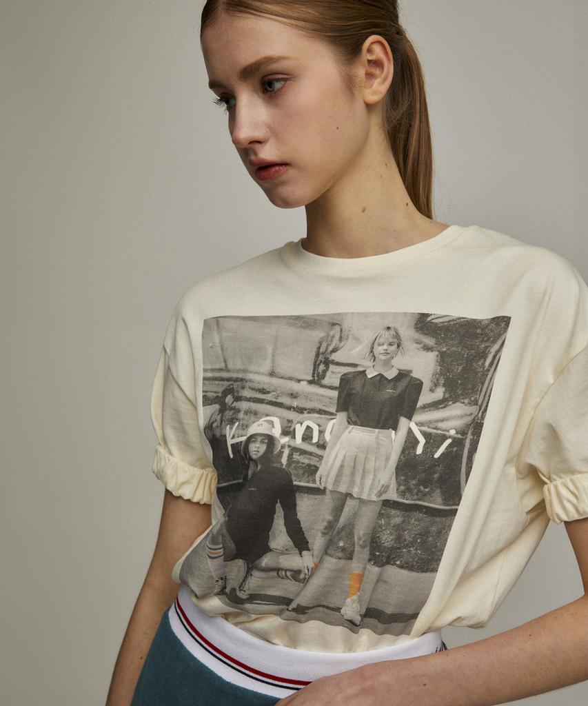 KANDINI Cream Printed Elastic T-Shirt