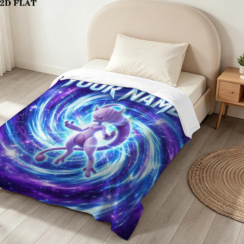Custom Name,Mewtwo Printed Flannel Blanket, soft throw for bedroom sofa, washable, Christmas present, great gift.