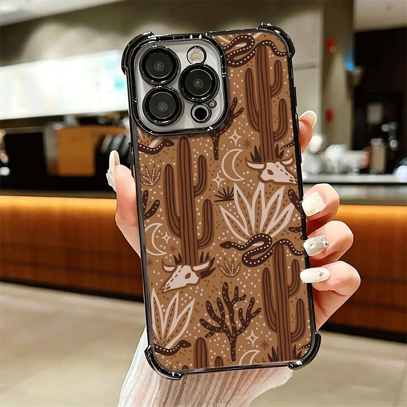 Cactus Pattern Plating Phone Case For Iphone 16 17 Pro Max Air 16E 14 15 Plus 12 13 Mini Anti-Fall Airabag Cover