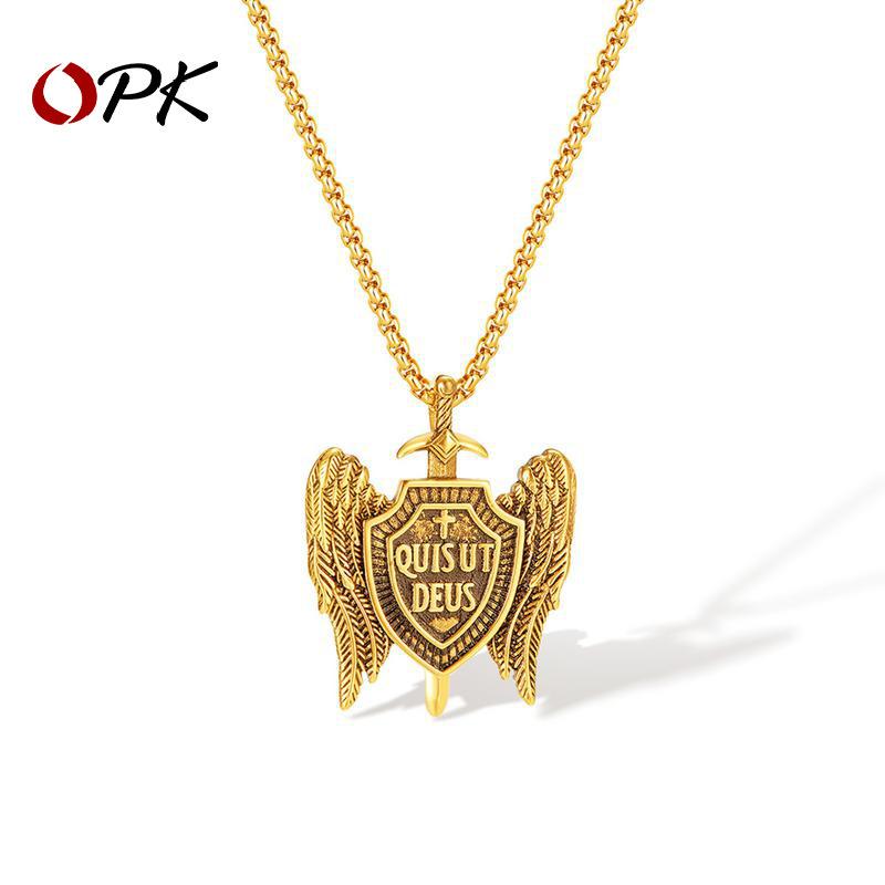 Opk Jewelry Vintage Titanium Steel Michael Sword Shield Pendant Angel Wings Cross Necklace
