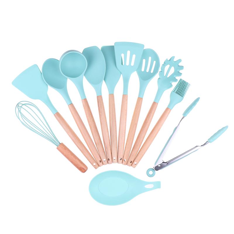 Силиконовый набор кухонных принадлежностей для приготовления пищи с бамбуковыми деревянными ручками