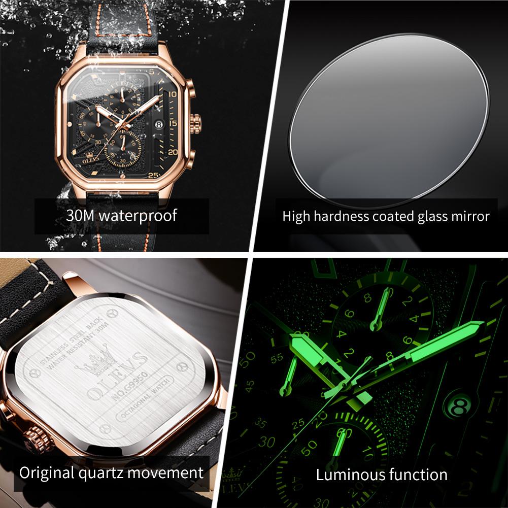 OLEVS 9950 Trend Brand Original Men's Watches Square Waterproof Chronograph Quartz Watch Luminous Leather Strap Male Wristwatch