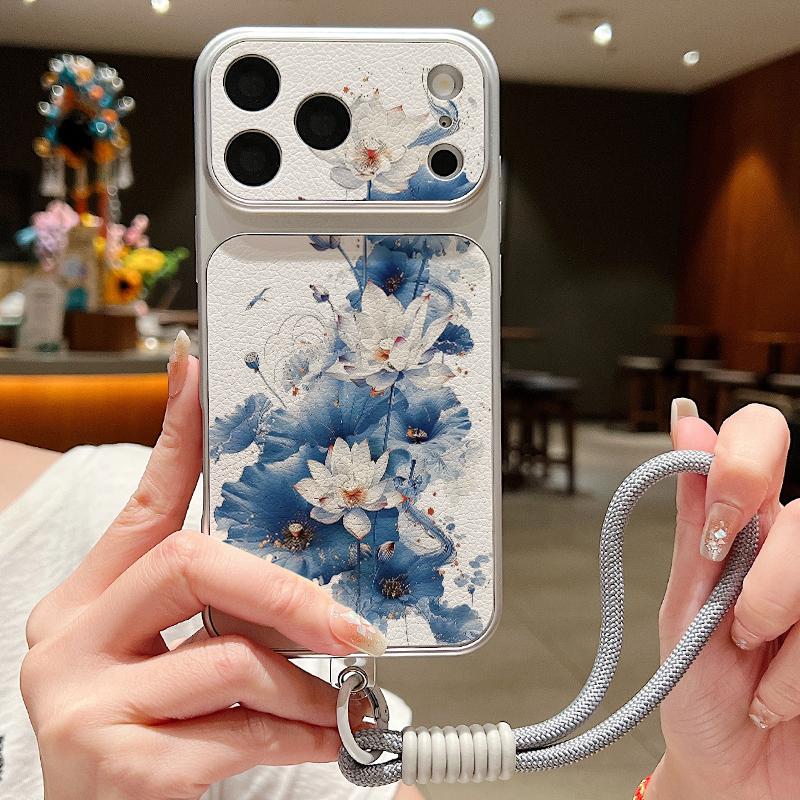 Чехол-шнурок из кожи с принтом «Цветы» для iPhone 18 Pro Max Гибридный Мягкая противоскользящая крышка из ТПУ+ПУ для iPhone 17 16 15 14 13 Pro Max