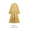 Kaslead New Women Clothes Western Style Single Breasted Chiffon Small Floral Stand Collar Long Sleeve Dress