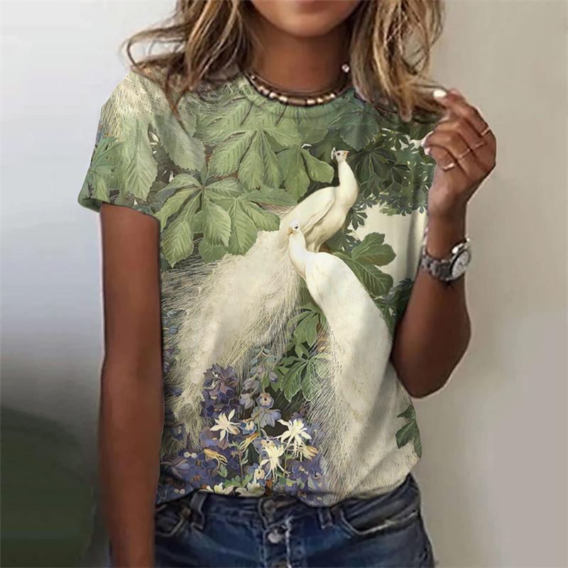 Красивая футболка с узором павлина для женщин, цветочные футболки с 3D-принтом, модные свободные футболки с короткими рукавами и круглым вырезом