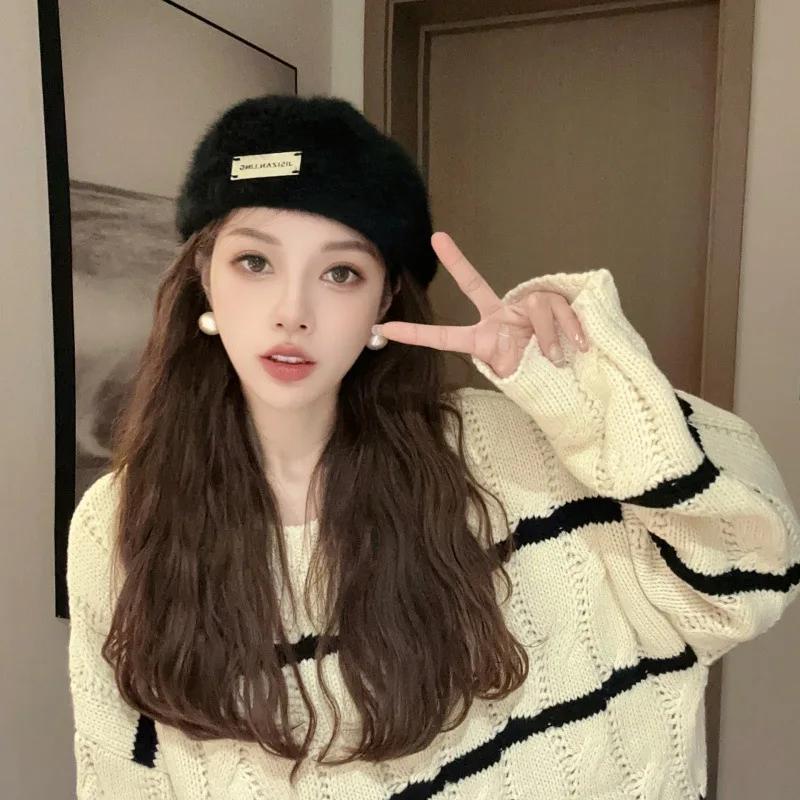 Модная женская шапка-берет осень-зима с двусторонним дизайном и мехом кролика