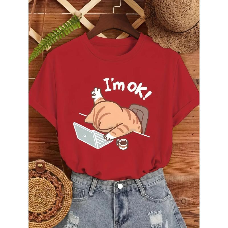 Im Ok Summer Childrens Tshirt Fun Lying Flat Cat Cartoon Printed Unisexs and Womens Pure Cotton Round Neck Parent Child Tshirt