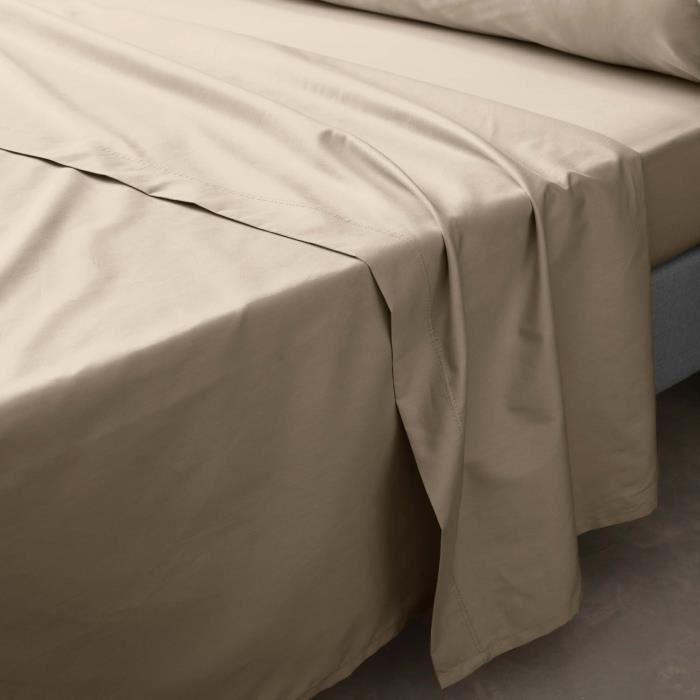 Drap plat - Percale de coton - Sable - 180 x 290 cm - Lavable - OEKO-TEX®