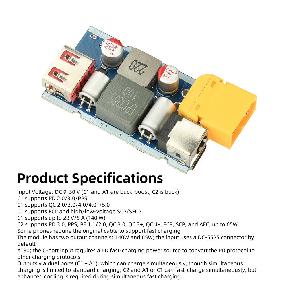 205W High Power Fast Charging Module PD QC 3.0/5.0 AllProtocols Step-up Step-down XT30/XT60 Interface Dual Port for Multi-device