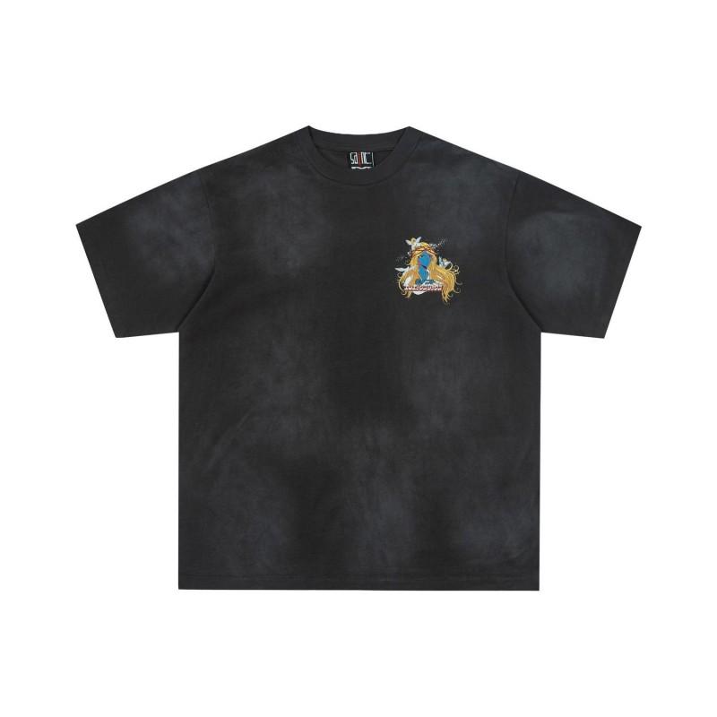 Unisex Distressed Oversized Cotton Tee With Saint Michael Graphic Print Casual Loose Fit T-Shirt