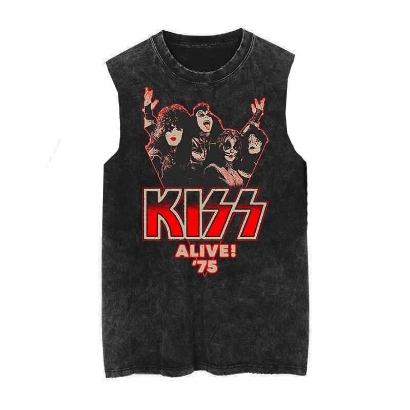 American Vintage Washed Cotton Kiss Band Men Women New Loose Vest Retro Fashion Trend Sleeveless T-shirt Tank Tops
