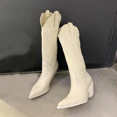 Мода Мода Тисненая микрофибра Кожа Женские сапоги Острый носок Вестерн Ковбойские сапоги Женские Сапоги До Колена Массивные Сапоги На Танкетке Женские