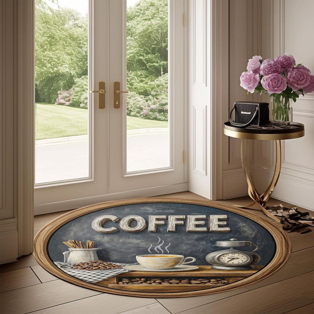 Vintage Coffee Time Round Kitchen Mat with Cup and Alarm Clock Illustration for Living Room, Bedroom