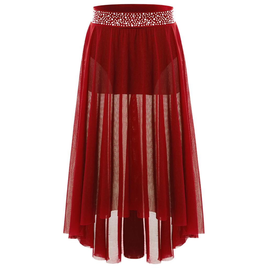 Юбка для лирического танца для девочек с блестящим поясом из стразов, сетчатая юбка хай-лоу, боковой разрез, современный