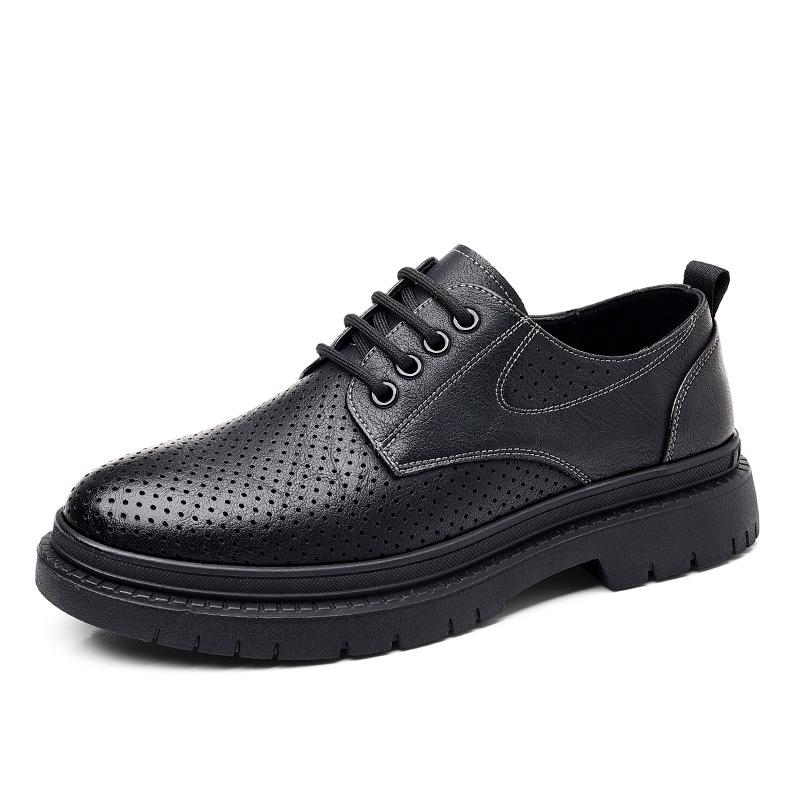 Кожаная обувь мужская летняя дышащая повседневная мужская обувь тонкая полая черная британский тренд 2025