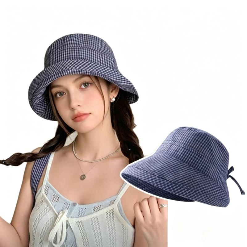 Women's Plaid Bucket Hat Foldable Sun Screen Cap Wide Brim Quick Dry Beach Sun Hat