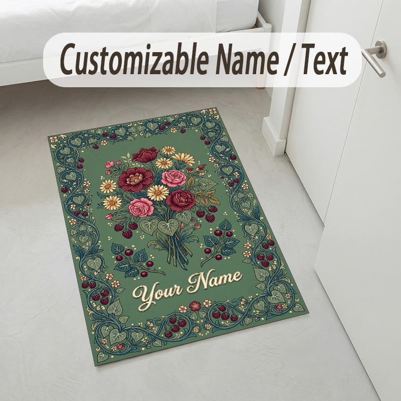 Floral Garden Theme Crystal Velvet Rug Personalized Custom Name Text Soft Floor Mat Home Decor