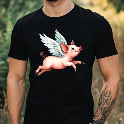 T-Shirt Herren Fliegendes Schwein Motiv Baumwolle Größe XS Bis 5XL