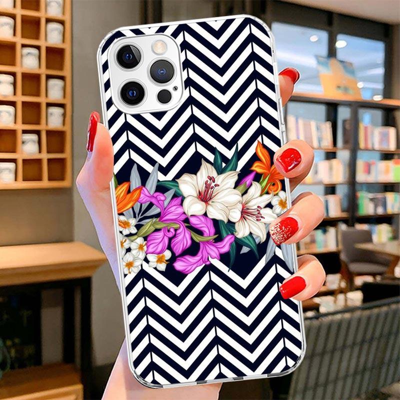 Black White Stripes Flower Cover Phone Case For iPhone 16 17 Air 15 14 Pro Max 16E Phone Case 13 Mini 12 11 7 SE 8 Print Pattern