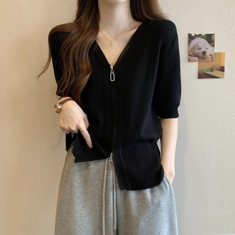 2026 New V-neck Casual Long-sleeve Loose Slimming Flattering Versatile Solid Color Zipper Women's Top