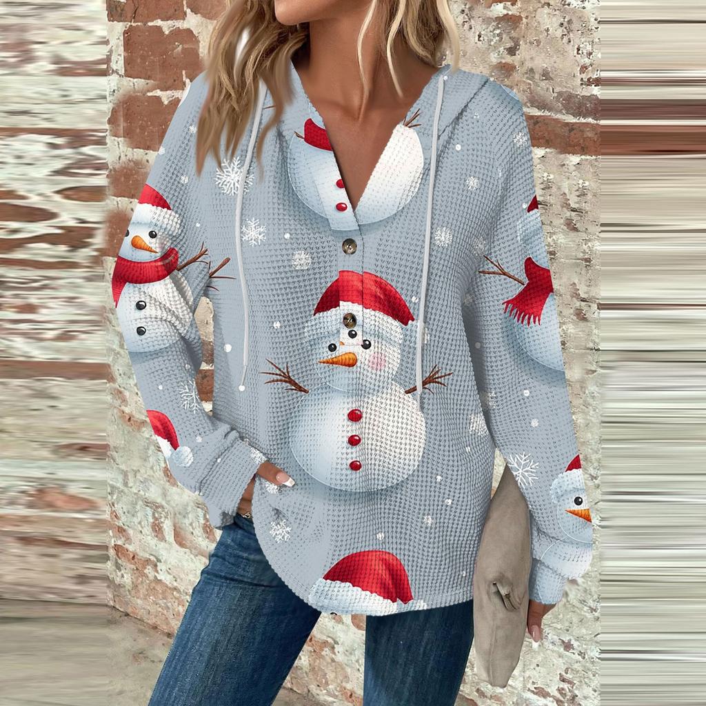 Женский повседневный топ с длинными рукавами, пуговицами, V-образным вырезом, рождественским принтом, завязками и капюшоном