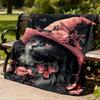 1pc Cat Hat Floral Throw Blanket Polyester Fiber, Lightweight Flannel, Soft & Warm, All Season Use for Outdoor, Camping Digital Print