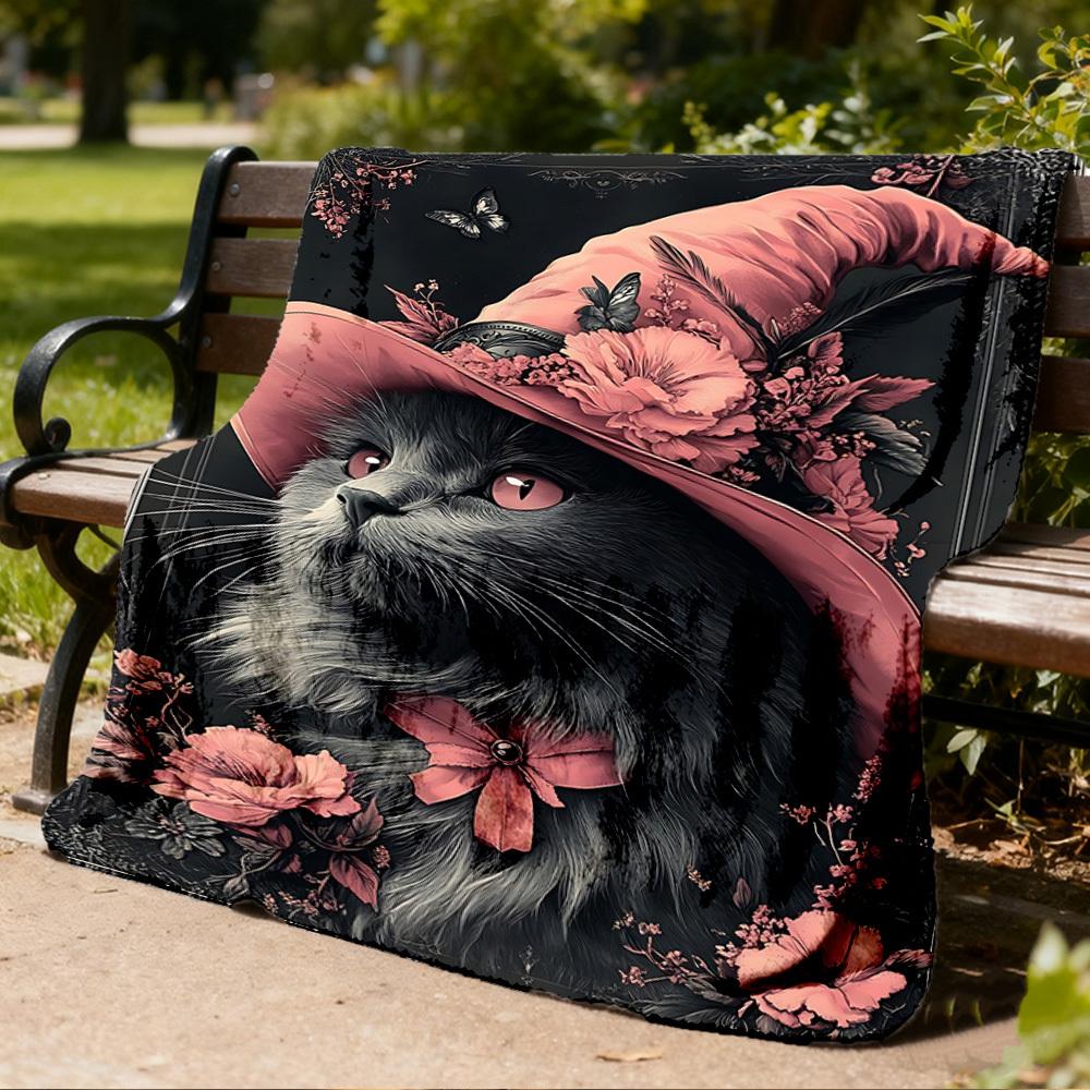 1pc Cat Hat Floral Throw Blanket Polyester Fiber, Lightweight Flannel, Soft & Warm, All Season Use for Outdoor, Camping Digital Print