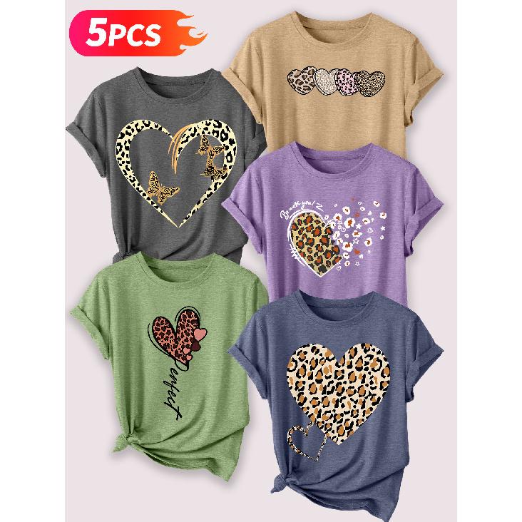 Follow a specific direction Five-piece set for women T Shirt Leopard print butterfly heart vintage print Summer Casual Elegant Women's Clothing Short