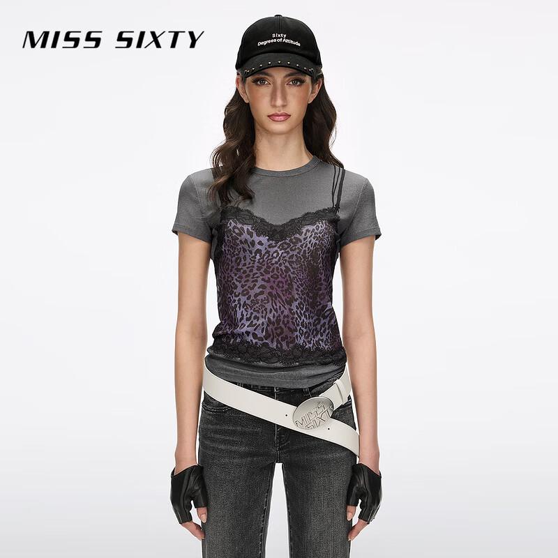 Miss Sixty Кружевная футболка с леопардовым принтом и иллюзией многослойности, весна 2026