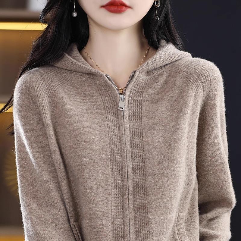Осенний вязаный кардиган на молнии, женский повседневный однотонный кашемировый свитер с капюшоном, пальто, женский дикий вязаный топ