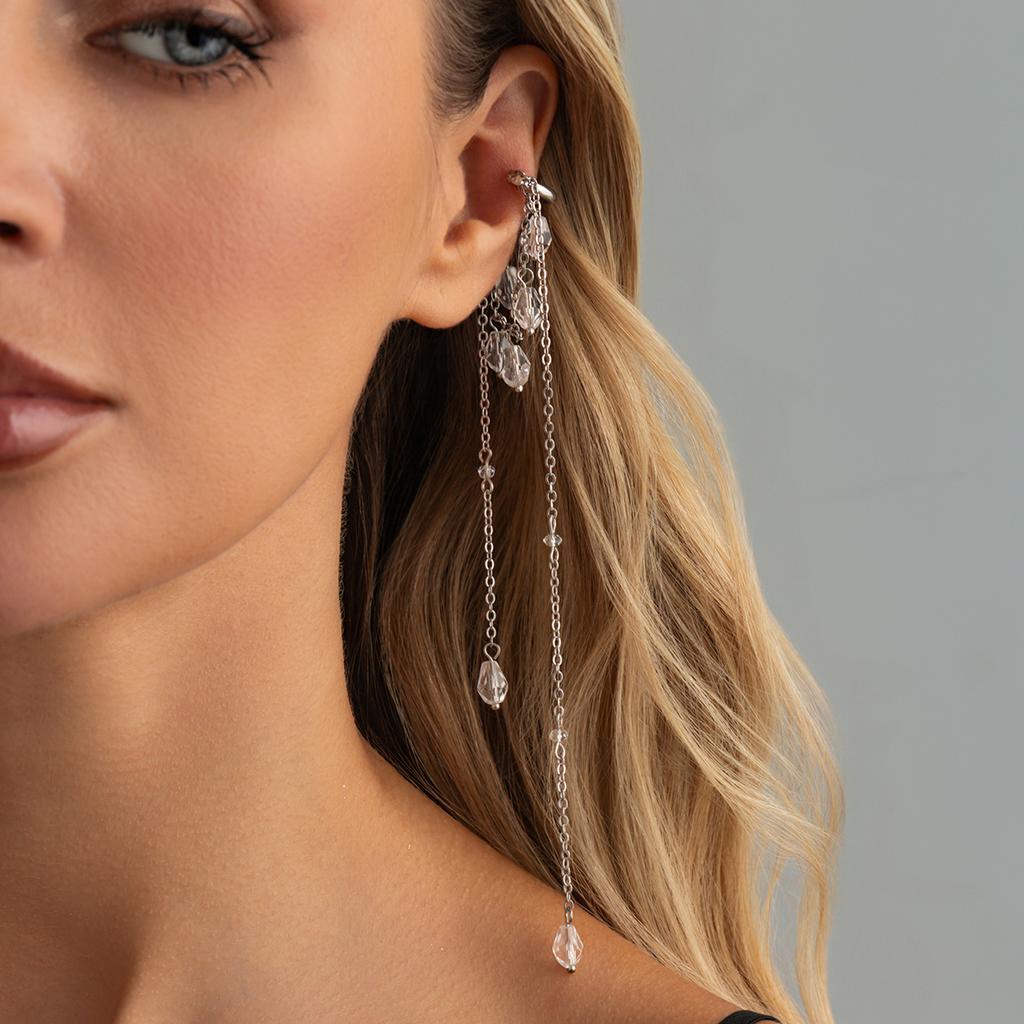 Salircon Exquisite Crystal Long Tassel Chain Ear Cuff Ear Clip Women Romantic No Piercing Clip Earrings Fashion Jewelry Wedding