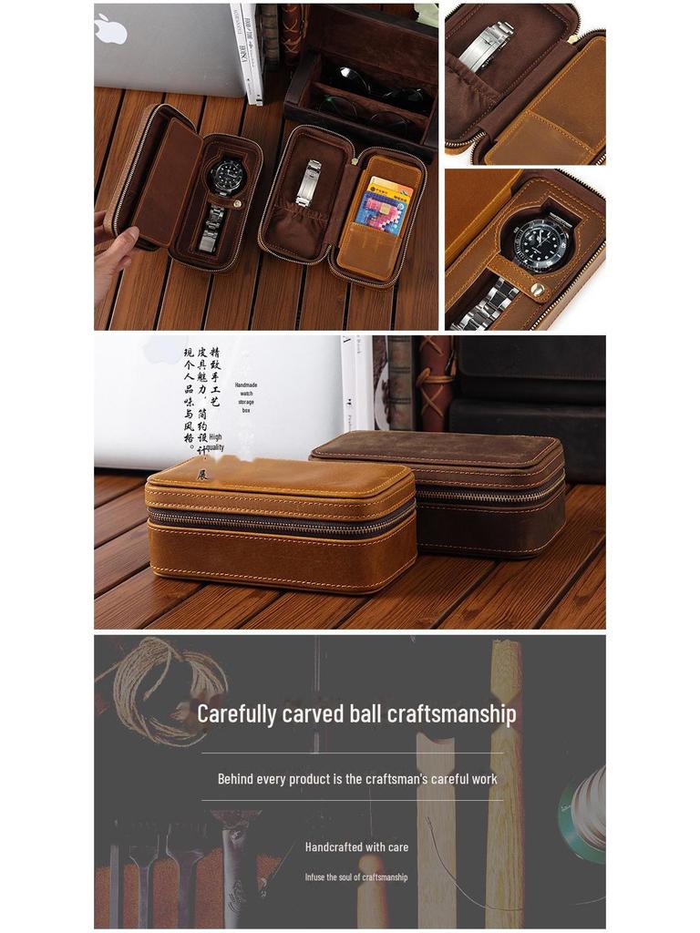 Винтажная кожаная коробка для часов Crazy Horse: Прямоугольный дорожный чехол на молнии из натуральной кожи для хранения одних часов